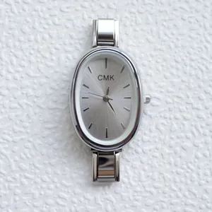 Elegant unisex silver stainless steel quartz watch with oval dial and sunray texture