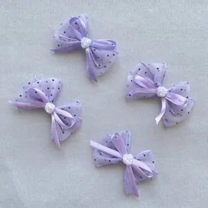 Nœud en tulle à pois lilas avec rose en résine pour accessoires cheveux DIY lot de 4