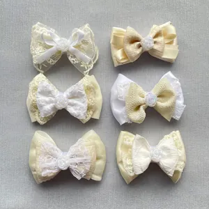 Handmade Beige Fabric Bow DIY Accessories With Lace Satin Resin Rose For Hair Clip Clothing Shoe Decoration Sweet Ribbon Bowknot