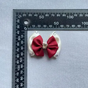 Handmade red and cream bow accessory with heart crystal and rhinestones, 55mm size
