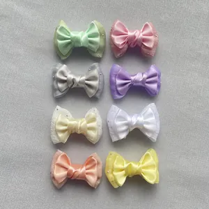 Handmade Double Layer Satin Bowknot Accessories With Mesh Rhinestone For DIY Hair Clips Clothing Shoes Bag Decoration