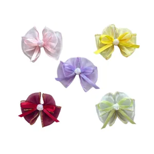 Chiffon-Organza-Schleifen-Set mit Rosenperle in fünf sanften Pastellfarben