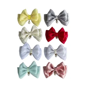 Set of 8 colorful fabric bow accessories with faux pearls for DIY hair clips and crafts