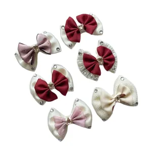 Handmade heart crystal bows set in satin and lace for hair accessories and garment decor