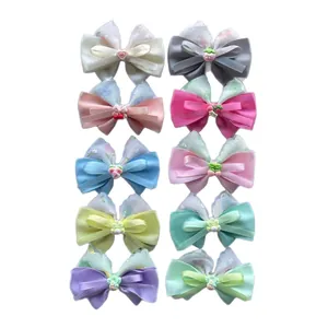 Set of 10 colorful floral chiffon and satin bows with cute charms for girls hair