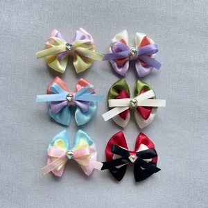 Nœud Papillon en Satin à Trois Couches Fait Main avec Strass Cœur Accessoire DIY Cheveux Vêtements de Poupée Décoration
