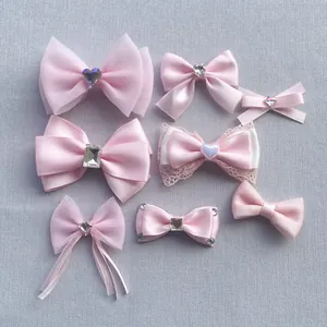 DIY Pink Bowknot Accessories For Hair Clips Bags Doll Decoration Handmade Ribbon Chiffon Lace Bows With Rhinestone Heart Gem