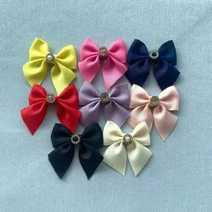 Grosgrain Ribbon Bowknot With Rhinestone Faux Artificial Pearl Center Embellishment For DIY Hair Accessories Clothing Craft Doll Decor