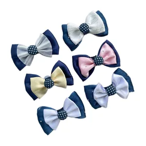 Lot de 6 barrettes nœuds double couche 7,5 cm en satin et dentelle avec pois