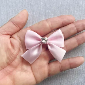 Pink satin bow with heart rhinestone for DIY hair clips and fashion accessories