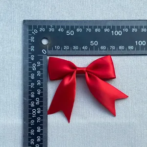 Double-layer red satin handmade bow with measurement ruler for DIY craft accessories