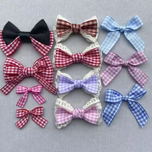 Gingham Checkered Fabric Bow Charms With Lace Ribbon Bowknot DIY Accessories For Hair Clips Clothing Shoes Doll Clothes Craft Decor