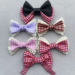 Variety set of plaid bow accessories with lace trim for DIY clothing and hair styling
