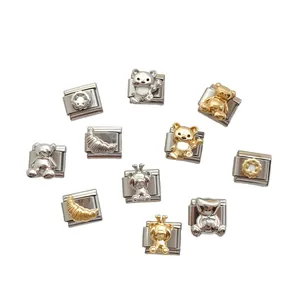 Italian charm bracelet with stainless steel teddy bear and croissant modular links