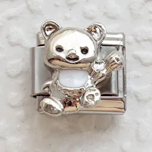Italian charms stainless steel modular bracelet featuring a silver 3D cartoon bear link