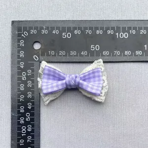 Purple plaid fabric bow with white lace trim, 45x30mm size for DIY hair accessories