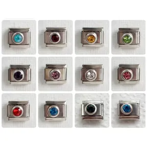 Stainless Steel Italian Charm Link Birthstone Series Round Zirconia DIY Modular Bracelet Accessory Jewelry For Women Men