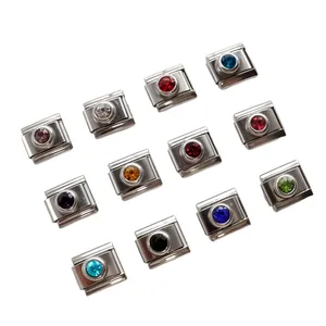 Twelve stainless steel Italian charm links with assorted colorful birthstone crystals
