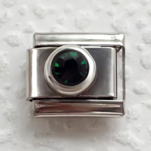 Italian charm link bracelet in stainless steel with a faceted dark green birthstone