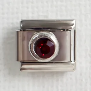 Macro shot of stainless steel Italian charm link with a faceted red birthstone insert