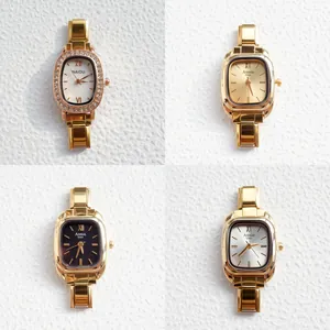 Dames Elegant Goud Metalen Armband Quartz Horloge Strass Ingelegd Vierkant Ovaal Wijzerplaat Casual Mode Polshorloge Dames Sieraden