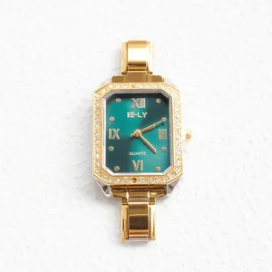 Orologio da donna dorato quadrato al quarzo con quadrante verde pavone e strass