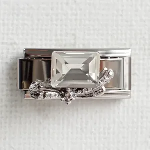 Italian modular charm in silver stainless steel with rectangle gemstone and crystal butterfly