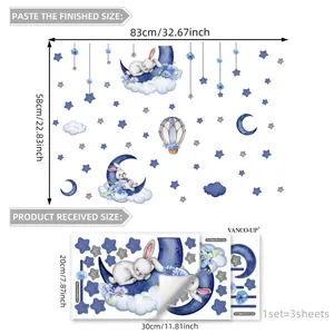 Leuchtende blaue Mond-Hasen Wandtattoo Set für Kinderzimmer und Schlafzimmer Deko