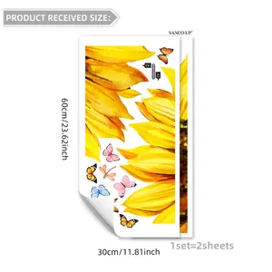 Detail view of sunflower and butterfly wall stickers with precise size measurements