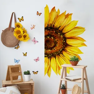 Detailed view of realistic sunflower wall stickers with butterflies and dragonflies decor