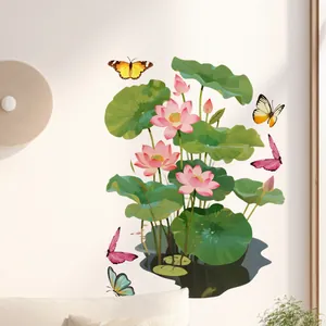 Sticker mural détaillé avec fleurs de lotus roses, feuilles vertes et papillons colorés