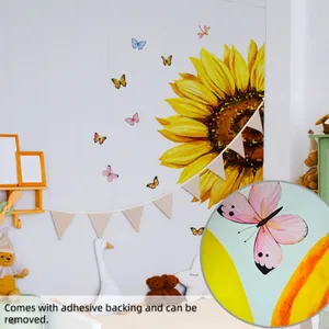 Detail showing colorful butterfly print quality on sunflower wall stickers for nursery decor