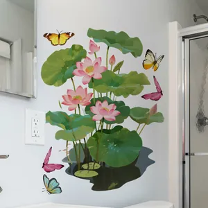 Vue détaillée des stickers muraux lotus avec papillons colorés sur un mur de salle de bain