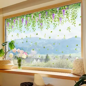 Detail of hanging purple wisteria and green vine static window decals for home decor