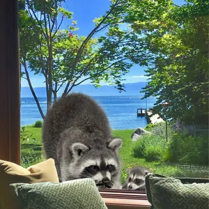3D Waschbär Fensteraufkleber mit realistischer Aussicht auf Bergsee und Naturlandschaft