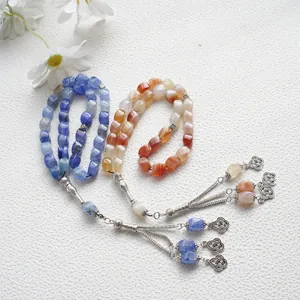 Rosario Tasbih Étnico de Ágata Hecho a Mano con Cuentas de Ágata Redondas y Colgante de Borla de Metal Joyería Religiosa Unisex
