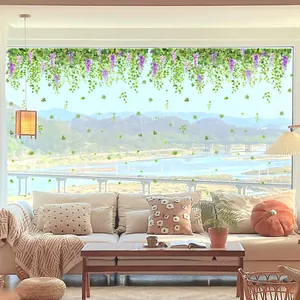 Detail view of purple wisteria and green leaves static cling stickers on a window