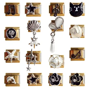 304 Stainless Steel Italian Charm Link For Bracelet Gold Plated DIY Modular Enamel Flower Musical Note Starfish Cat Jewelry Gift