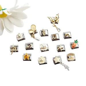Italian charm bracelet links in stainless steel with star shell flower and musical DIY motifs