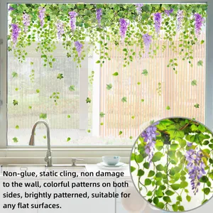 Detail of purple wisteria static cling sticker showing double-sided floral design on glass