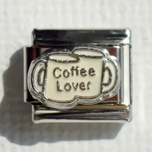 Abalorio italiano de acero inoxidable con taza Coffee Lover para pulseras de bricolaje