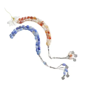Rosario musulmán Tasbih con cuentas de piedra azul blanco naranja y borlas