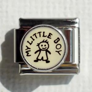 Eslabón de pulsera italiana de acero inoxidable con diseño My Little Boy y esmalte blanco