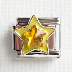 Italian charm bracelet link with double-layer yellow star pendant in stainless steel