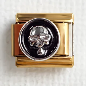 Macro detail of Italian charm link featuring a silver skull relief on a black background