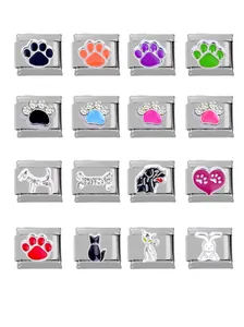 Detailed grid of 304 stainless steel Italian charms with cat and dog paw patterns