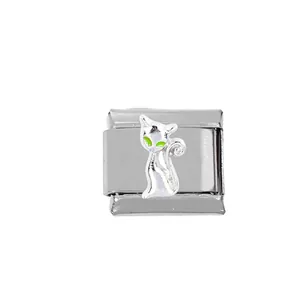 304 stainless steel Italian charm link with cute kitten design and green eyes detail