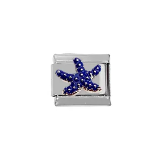 304 stainless steel Italian charm bracelet link featuring a blue enamel starfish design