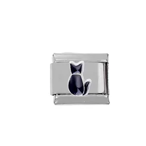 Italian modular charm bracelet in stainless steel with a black enamel sitting cat design