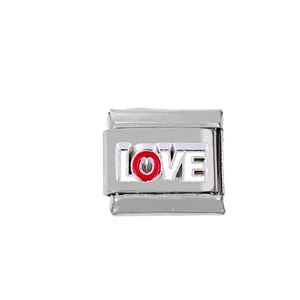 Maillon de bracelet italien en acier inoxydable 304 avec lettrage Love en émail rouge